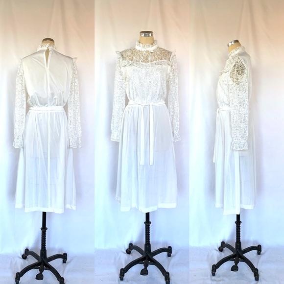 Vintage 70s 80s Dress Lace Ruffle Medium - Picture 1 of 6